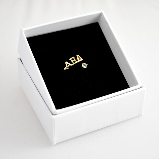 Alpha Xi Delta Ring- Gold Plated with Greek Letters and CZ Gemstone