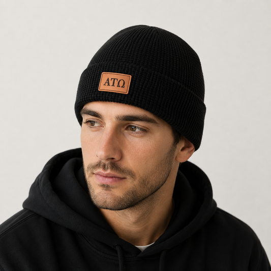 Alpha Tau Omega Fraternity Beanie Hat - Black Winter Hat w/ Greek Letters Patch