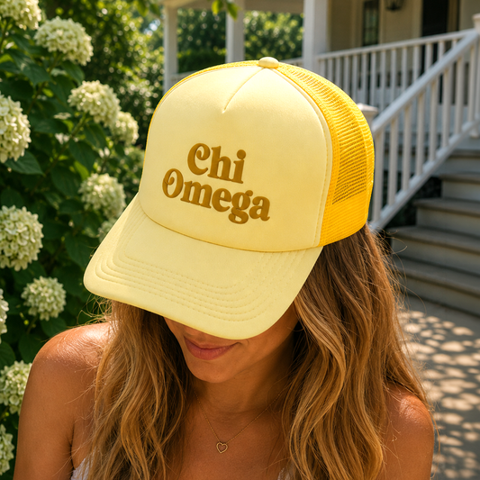 Chi Omega Baseball Cap, Mesh Trucker-Style Hat