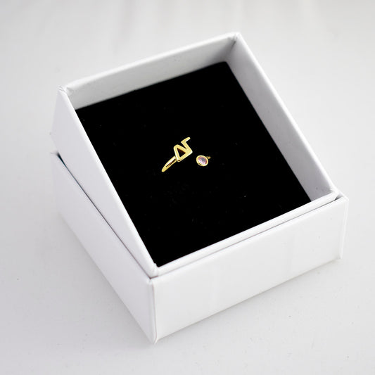 Delta Gamma Ring- Gold Plated with Greek Letters and CZ Gemstone