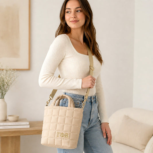Gamma Phi Beta Small Crossbody Quilted Tote Bag with Greek Letters