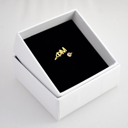 Phi Mu Ring- Gold Plated with Greek Letters and CZ Gemstone