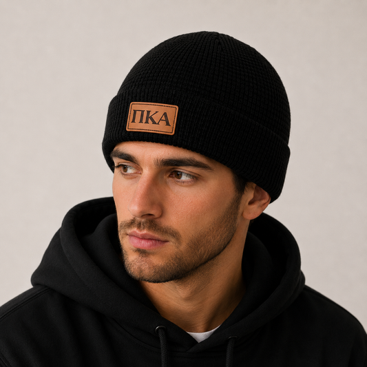 Pi Kappa Alpha Fraternity Beanie Hat - Black Winter Hat w/ Greek Letters Patch