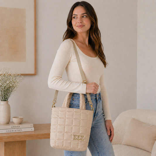 Sigma Sigma Sigma Small Crossbody Quilted Tote Bag with Greek Letters