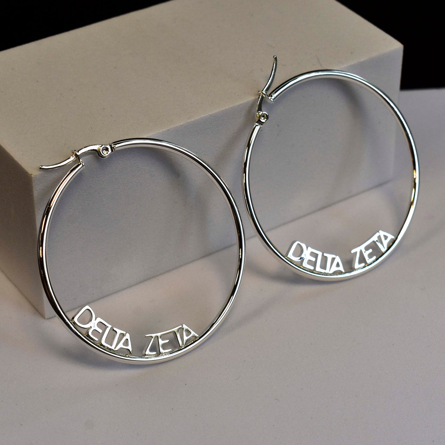 Zeta Tau Alpha Silver Hoop Earrings- Name Design