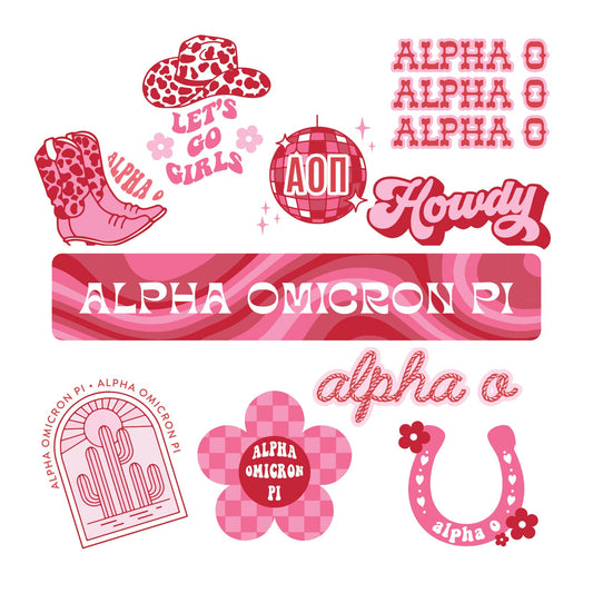 Alpha Omicron Pi Sticker Sheet - Western Disco Design