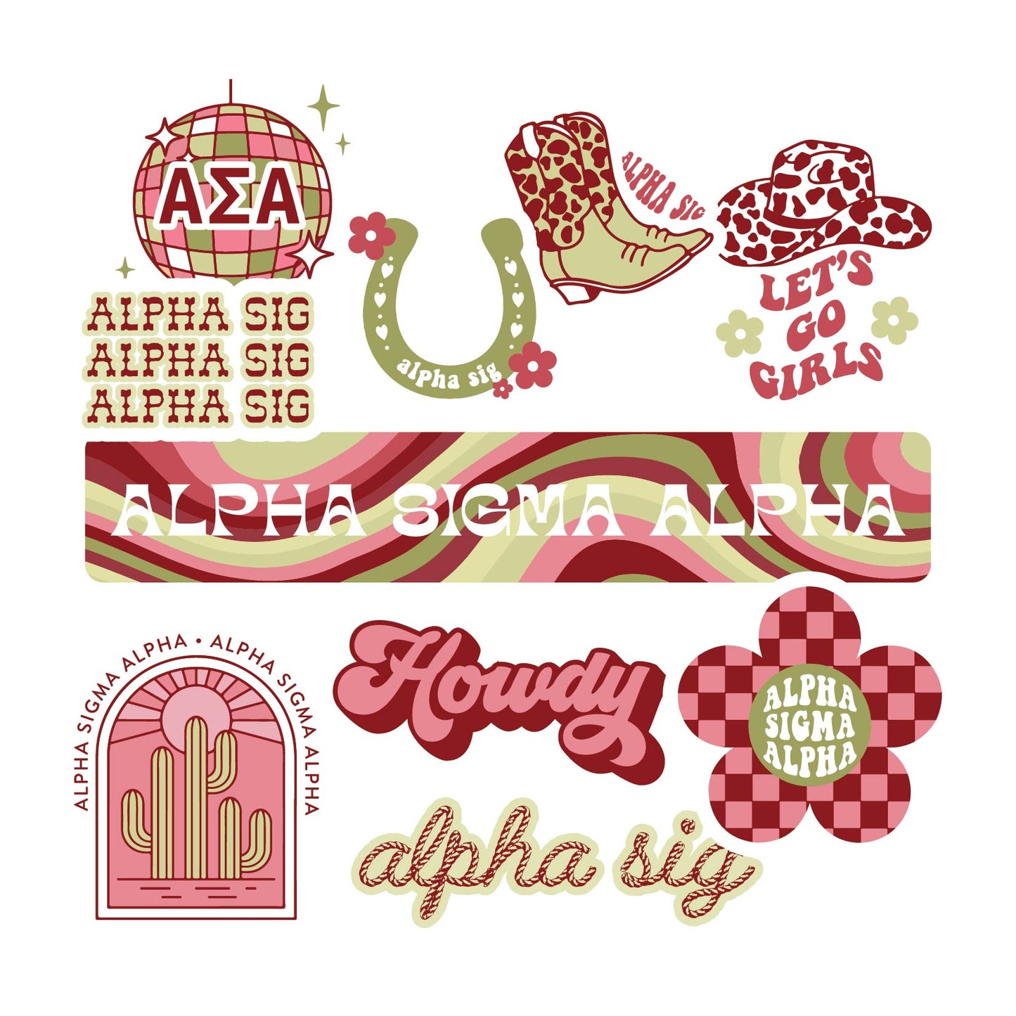 Alpha Sigma Alpha Sticker Sheet - Western Disco Design