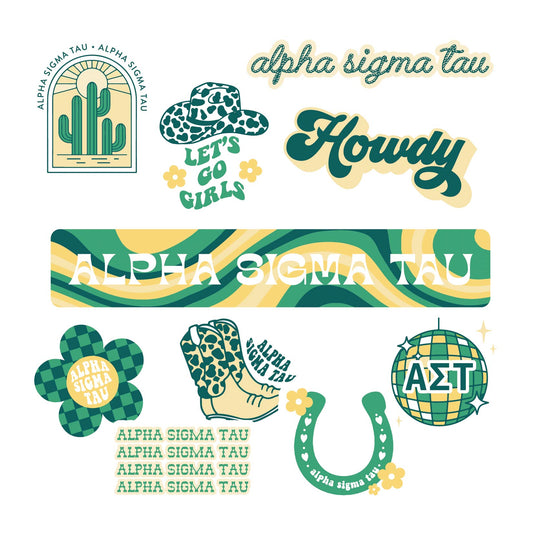 Alpha Sigma Tau Sticker Sheet - Western Disco Design