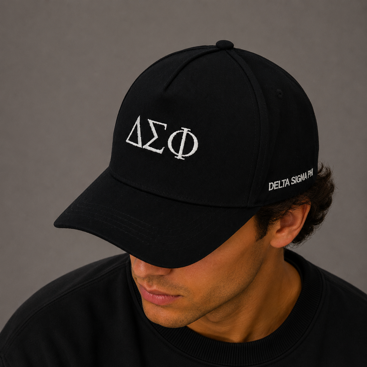 Delta Sigma Phi Baseball Cap- Brushed Cotton 5-Panel Black Hat