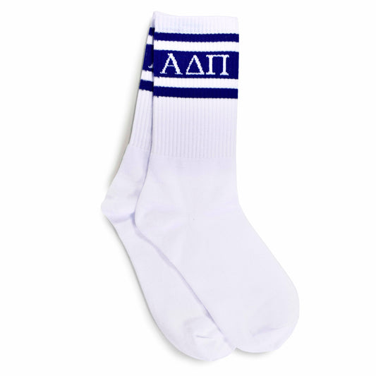 Alpha Delta Pi Socks- Striped Varsity Crew Socks with Greek Letters