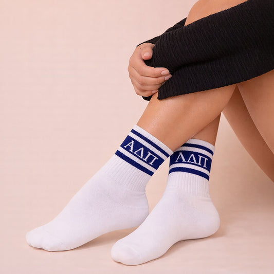 Alpha Delta Pi Socks- Striped Varsity Crew Socks with Greek Letters