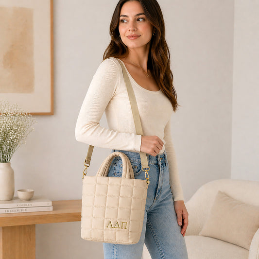 Alpha Delta Pi Small Crossbody Quilted Tote Bag Greek Letters