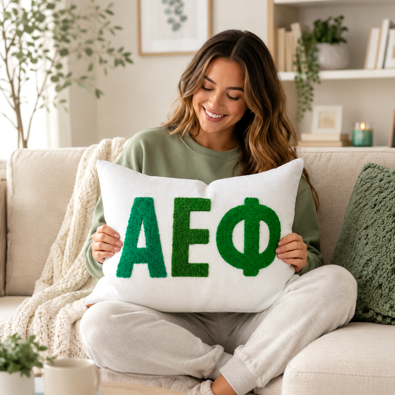 Alpha Epsilon Phi Pillow – Embroidered Plush Greek Letters Design