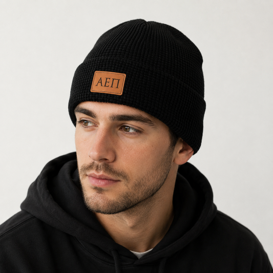 Alpha Epsilon Pi Fraternity Beanie Hat - Black Winter Hat w/ Greek Letters Patch