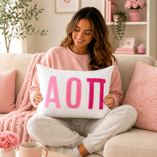 Alpha Omicron Pi Pillow – Embroidered Plush Greek Letters Design