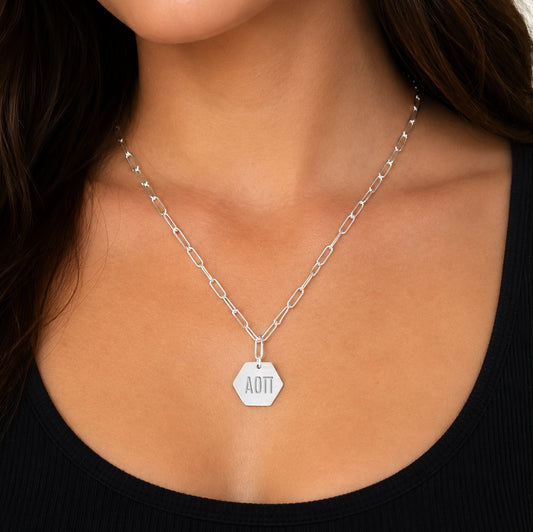 Alpha Omicron Pi Necklace- Silver Paperclip Style with AOP Pendant