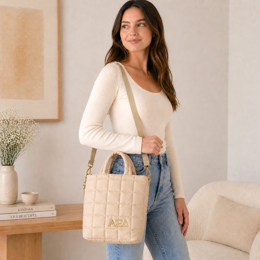 Alpha Xi Delta Small Crossbody Quilted Tote Bag with Greek Letters
