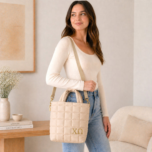 Chi Omega Small Crossbody Quilted Tote Bag with Greek Letters