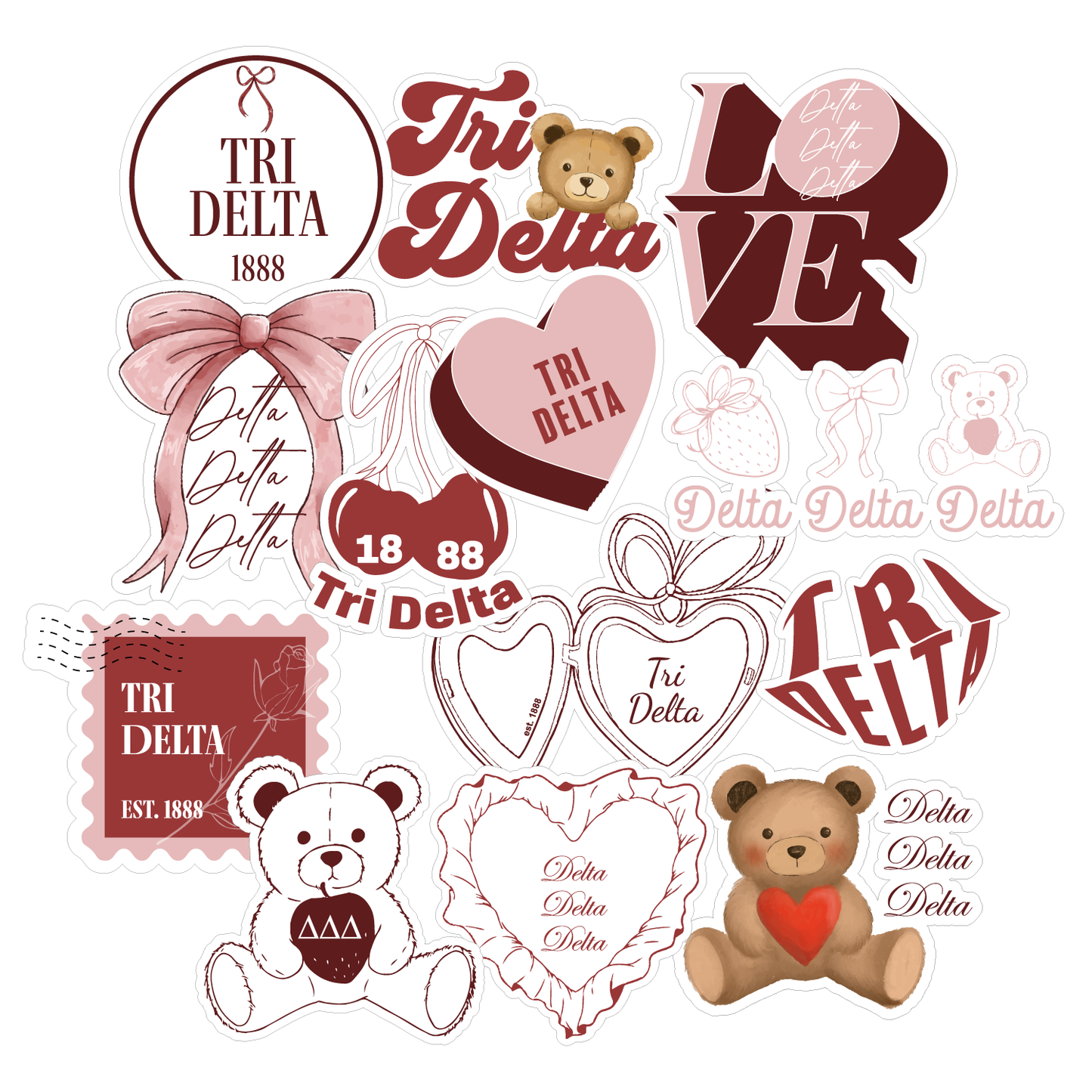 Delta Delta Delta Sticker Sheet- Teddy Bears and Sisterhood Love Theme