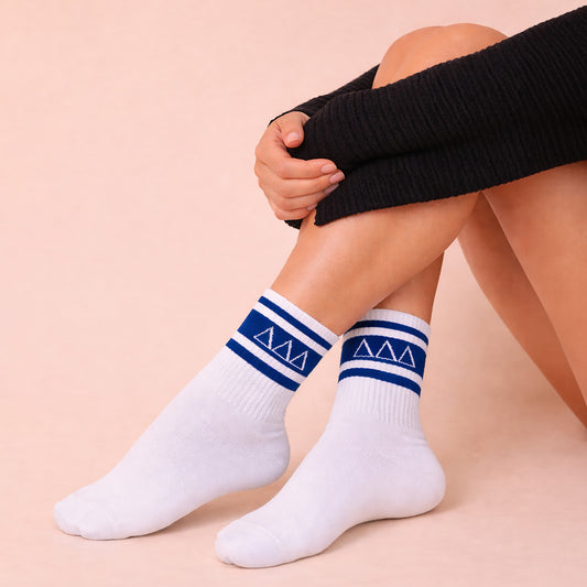 Delta Delta Delta Socks- Striped Varsity Crew Socks with Greek Letters