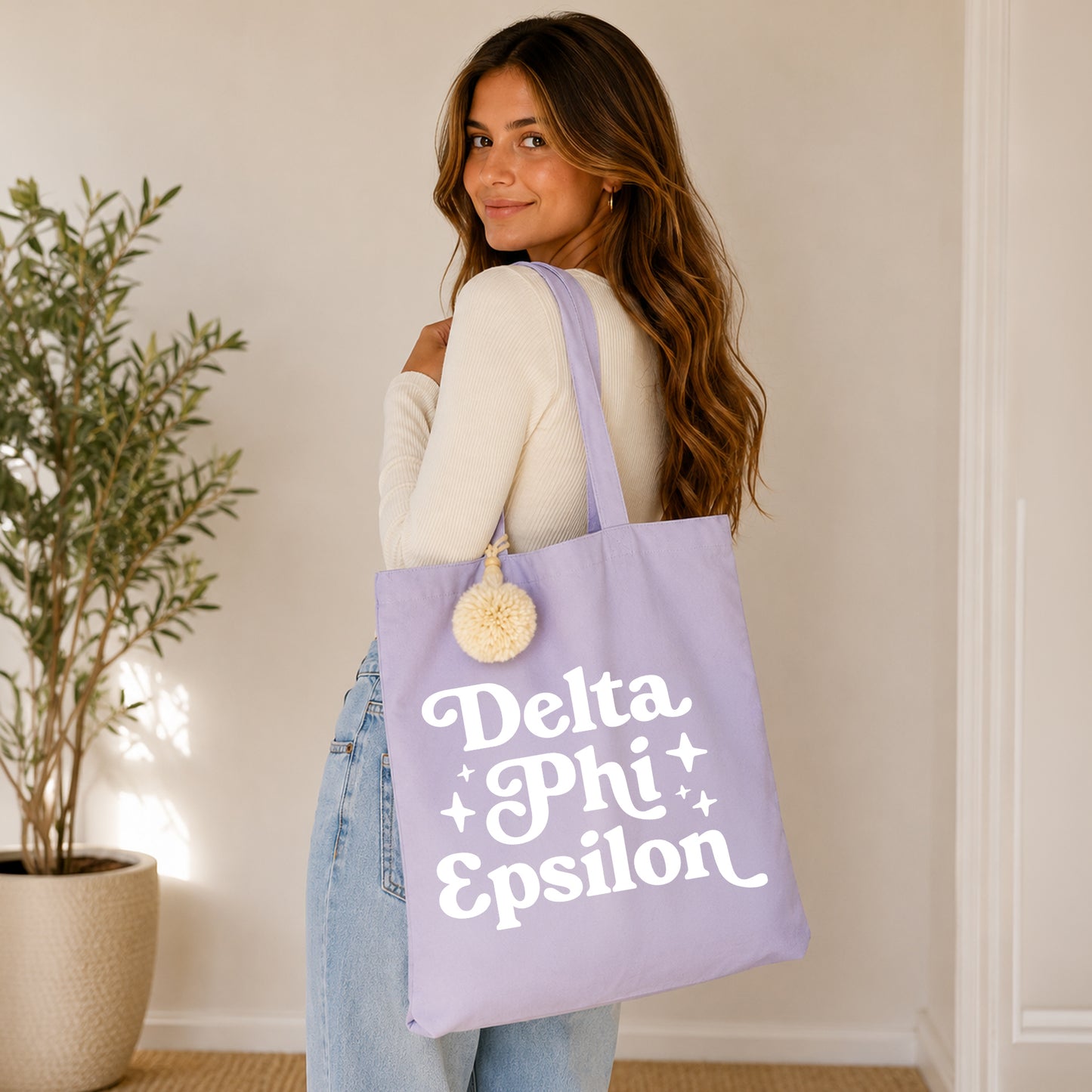 Delta Phi Epsilon Retro Pom Pom Tote Bag