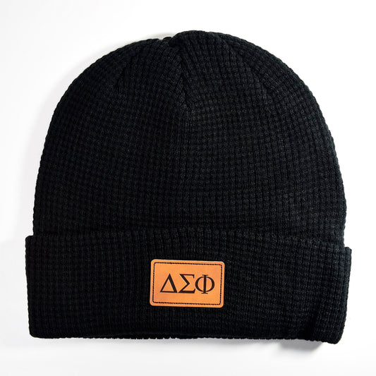 Delta Sigma Phi Fraternity Beanie Hat - Black Winter Hat w/ Greek Letters Patch