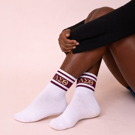 Delta Sigma Theta Sorority, Incorporated Socks- Striped Varsity Crew Socks with Greek Letters