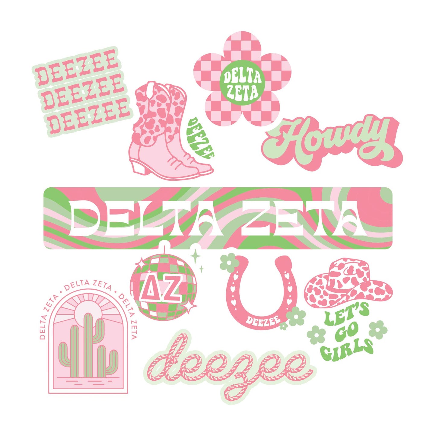 Delta Zeta Sticker Sheet - Western Disco Design