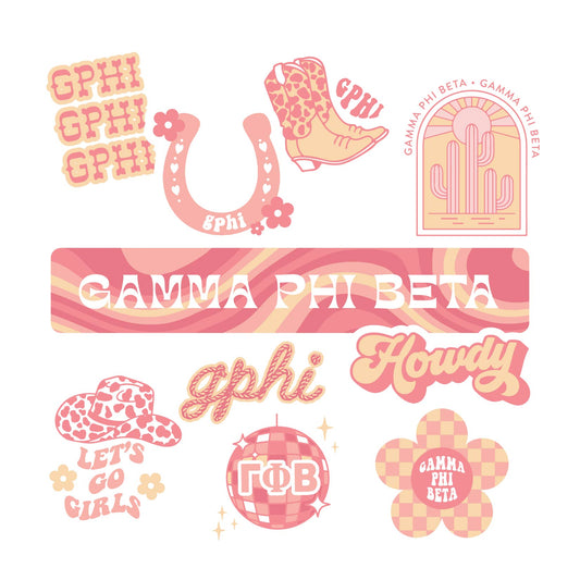 Gamma Phi Beta Sticker Sheet - Western Disco Design