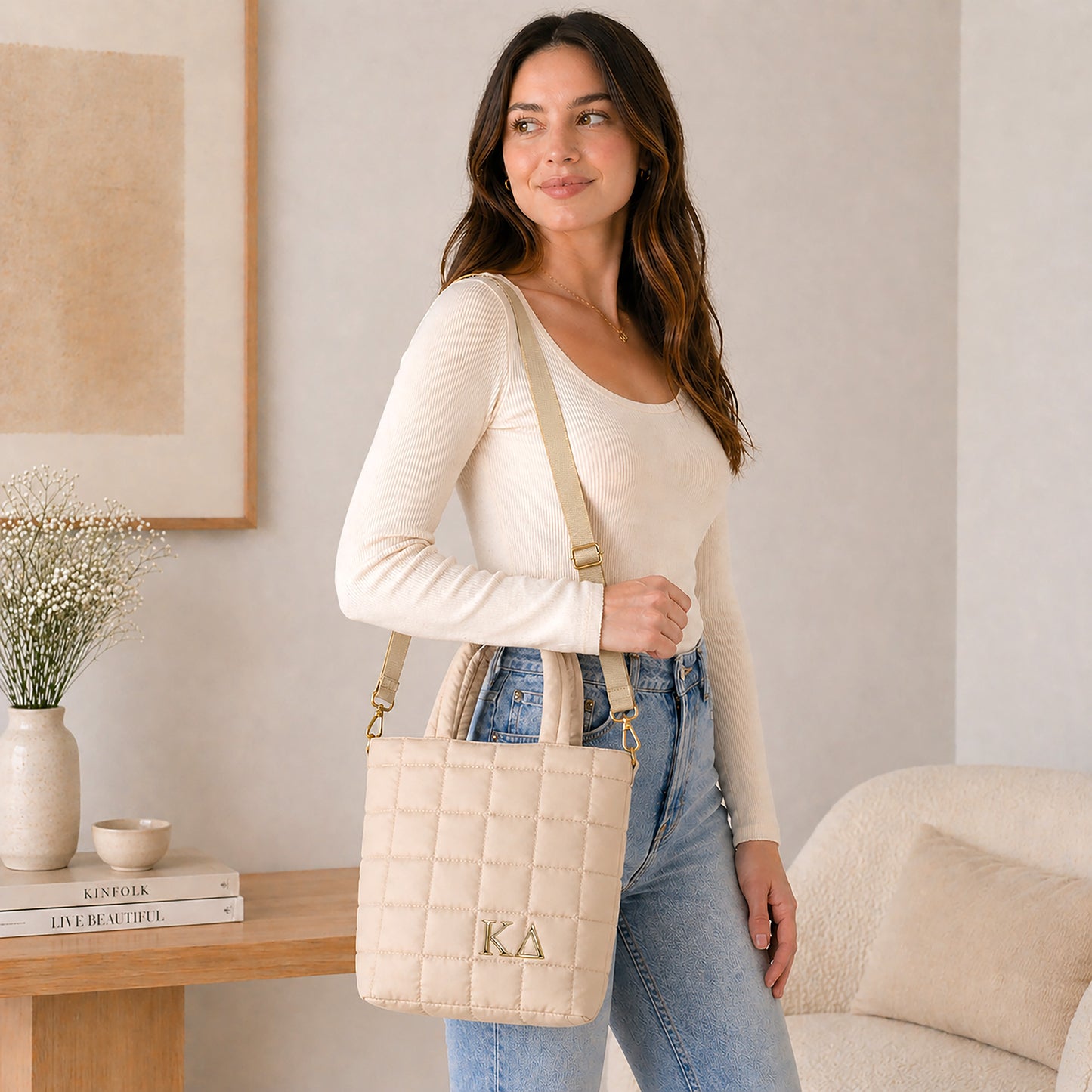 Kappa Delta Small Crossbody Quilted Tote Bag with Greek Letters