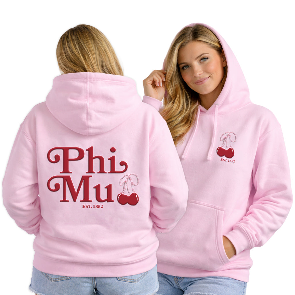 Phi Mu Hooded Sweatshirt with Cherries and Sorority Name