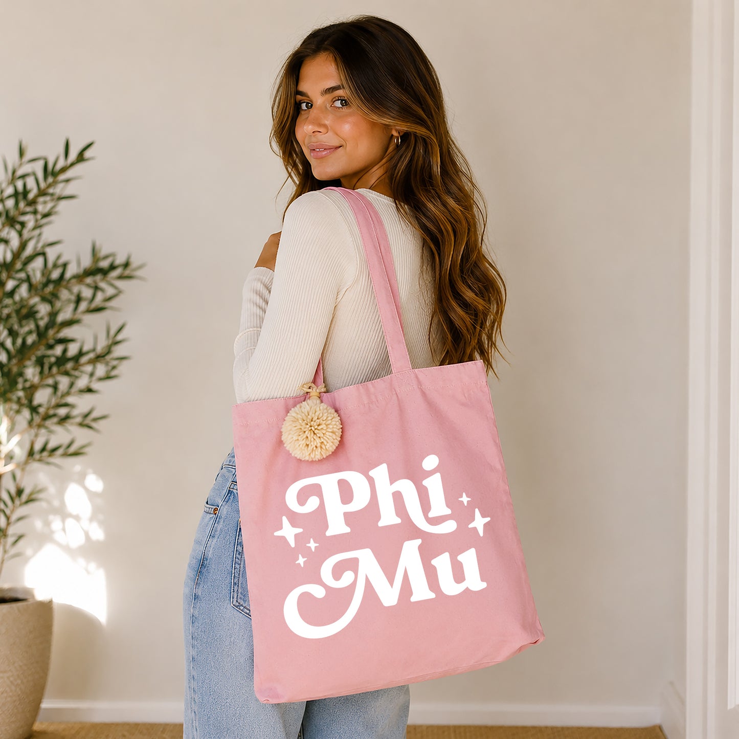 Phi Mu Retro Pom Pom Tote Bag