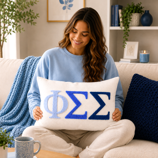 Phi Sigma Sigma Pillow – Embroidered Plush Greek Letters Design