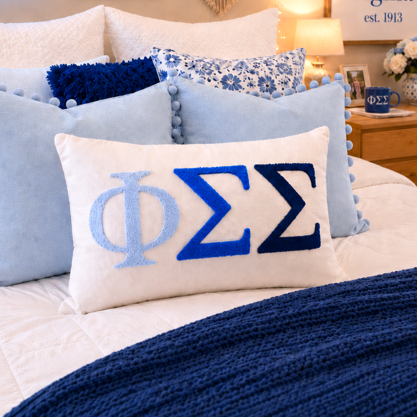 Phi Sigma Sigma Pillow – Embroidered Plush Greek Letters Design