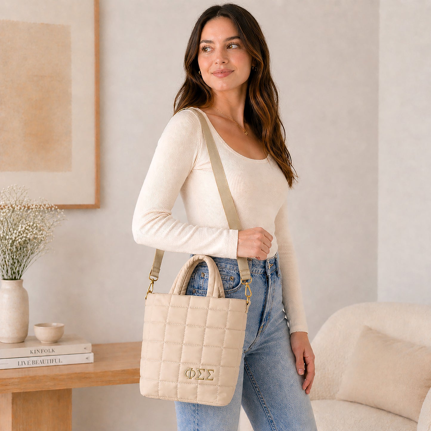 Phi Sigma Sigma Small Crossbody Quilted Tote Bag with Greek Letters