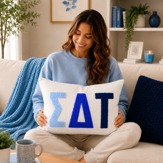 Sigma Delta Tau Pillow – Embroidered Plush Greek Letters Design