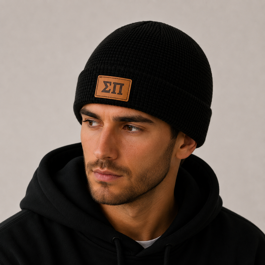 Sigma Pi Fraternity Beanie Hat - Black Winter Hat w/ Greek Letters Patch