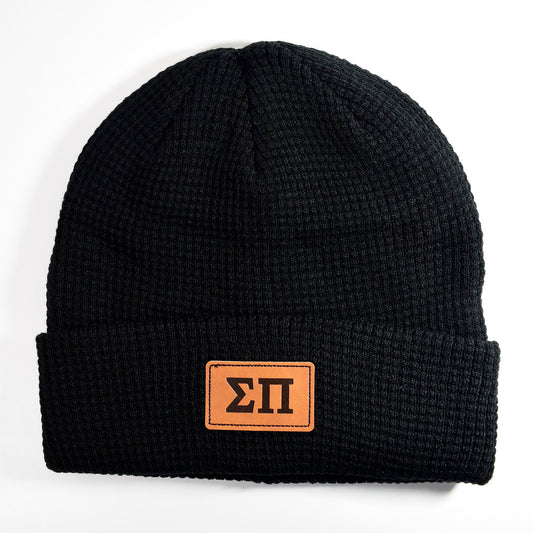 Sigma Pi Fraternity Beanie Hat - Black Winter Hat w/ Greek Letters Patch
