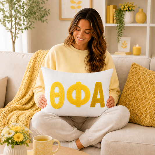 Theta Phi Alpha Pillow – Embroidered Plush Greek Letters Design