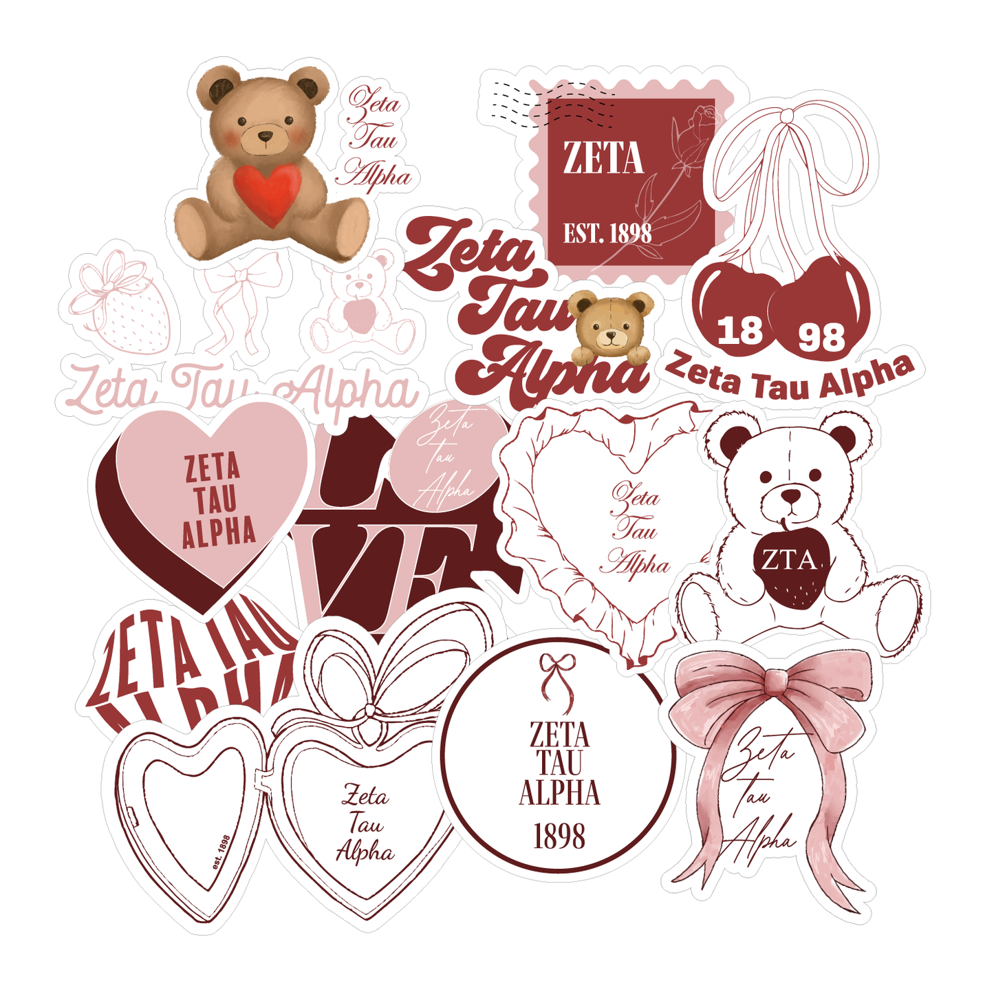 Zeta Tau Alpha Sticker Sheet- Teddy Bears and Sisterhood Love Theme