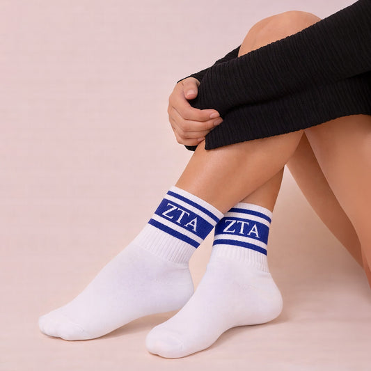 Zeta Tau Alpha Socks- Striped Varsity Crew Socks with Greek Letters
