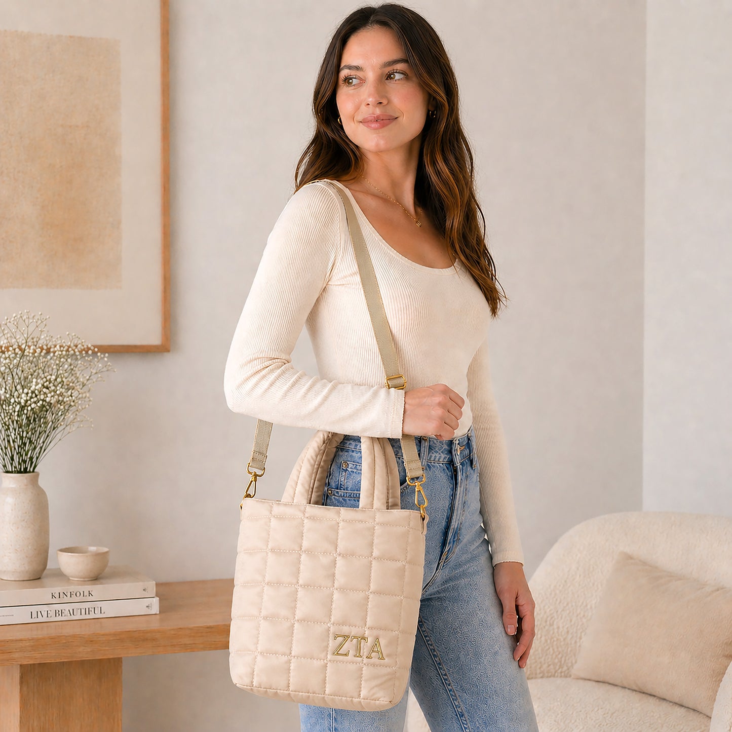 Zeta Tau Alpha Small Crossbody Quilted Tote Bag with Greek Letters